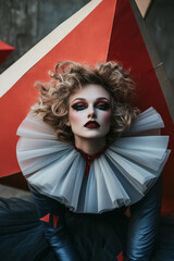 woman dressed as a jester in a circus, a red paper triangular . She has curly blonde hair and is wearing black eyeliner. 