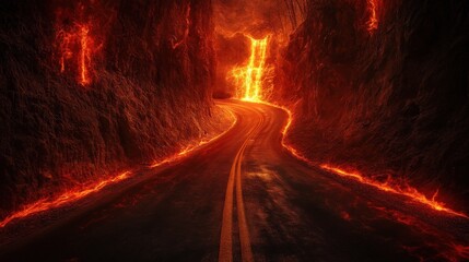 The winding road descends into a fiery abyss, surrounded by glowing lava flows that light up the rocky terrain, evoking a sense of danger and wonder