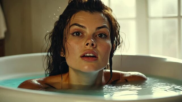 A woman with dark hair looks at the camera while taking a bath in a white bathtub