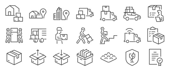 Moving service icon set. It included contexts such as relocation, Boxes, trucks, movers, new Homes, and more. Editable Vector Stroke.