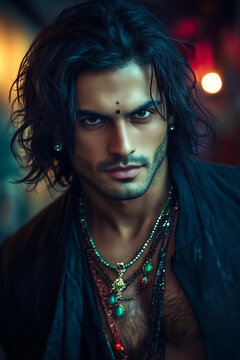 ndian man with jewels in his hair, looking into the camera, with a gritty and dirty appearance. He is wearing a black jacket and a necklace with red, green, and turquoise jewelry. 