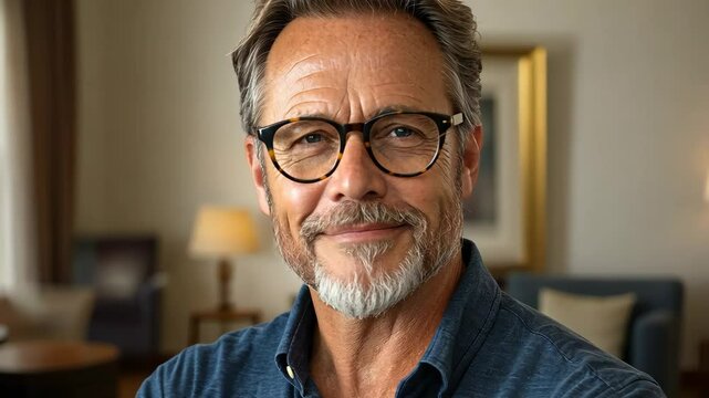 A man with glasses and a beard smiles at the camera in a living room