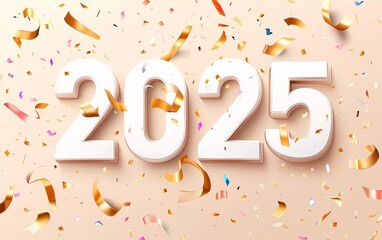 Vector illustration of white numbers "2025" with golden ribbons and confetti on a beige background. Happy New Year banner design for a web poster or greeting card template