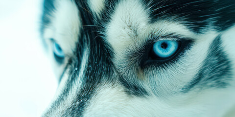 A close up of a dog's face with blue eyes