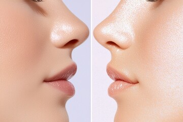 Obraz premium A close-up view of two female faces highlighting their profiles, showcasing smooth skin textures and subtle shine.