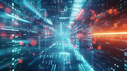Obraz premium Complex digital information flows rapidly through a futuristic cyberspace tunnel, representing the speed and complexity of future technology