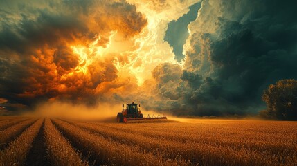 Fototapeta premium Dramatic Sunset Over Wheat Field with Combine Harvester and Stormy Clouds Creating a Stunning Agricultural Landscape