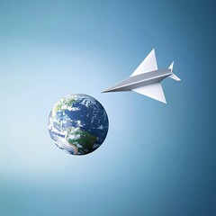 A paper airplane is flying over a globe