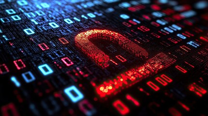 Digital Security Concept with Glowing Lock Symbol on Binary Code Background Representing Cybersecurity and Data Protection