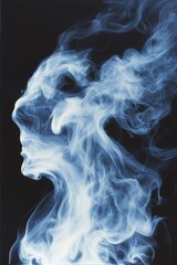 Abstract blue smoke forming a ghostly human profile on a dark background, creating an ethereal and mysterious atmosphere with flowing wisps and vaporous textures