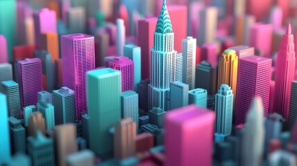 Vibrant cityscape with colorful skyscrapers, abstract urban landscape.