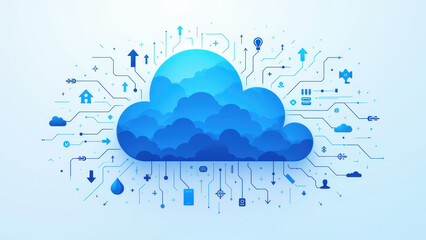 The image depicts a stylized representation of cloud computing and technology, featuring a blue cloud with circuit-like patterns emanating from it.
