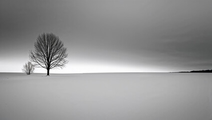 Two bare trees standing in a vast snowy landscape, overcast sky