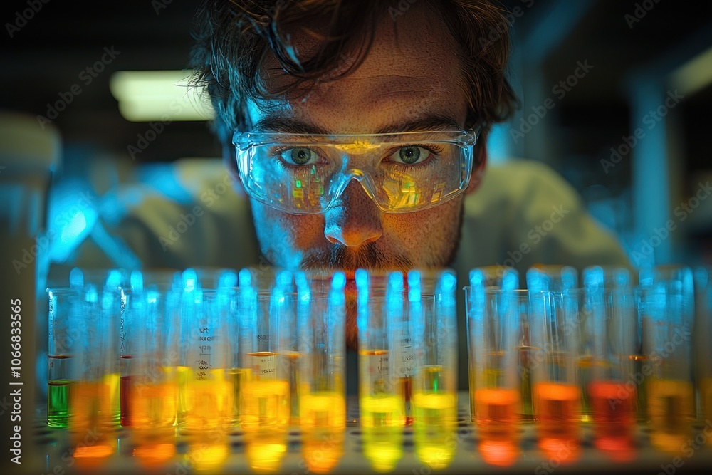 Aufkleber A Scientist in a Lab Examining Colorful Liquids in Test Tubes