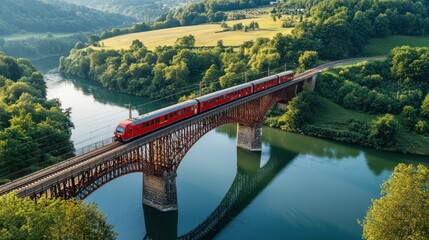 Fototapeta premium electric red tourist train crossing a scenic bridge over a sparkling river, with green forests and rolling hills in the background,