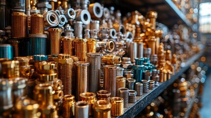 Close-up of Metal Fittings and Connectors on a Shelf