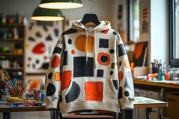 Trendy artistic hoodie with bold geometric patterns in a creative studio setting