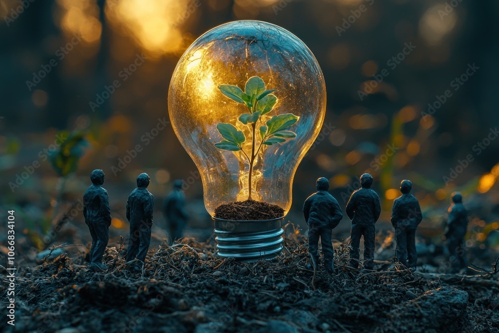 Poster A Miniature World Surrounded by a Giant Light Bulb with a Sprout Inside