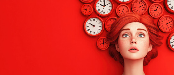 A surreal depiction of a woman with a red background and clocks in her hair, symbolizing the passage of time and mental clutter.