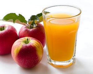 A glass of refreshing apple juice with a light golden color placed on a pristine white backdrop