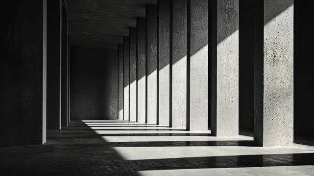 Sunlight streams through the concrete pillars of a modern building, creating long shadows on the floor