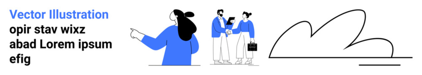 Colleague pointing at presentation, two team members with one holding a briefcase, stylized line chart. Ideal for business, teamwork, meetings, presentations, corporate training, professional