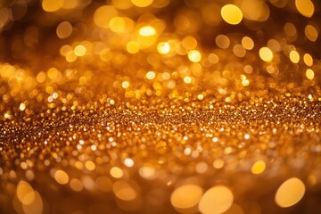 A close-up of shimmering golden bokeh lights with a soft, warm glow, creating a festive and elegant abstract background with a blurred, sparkling effect