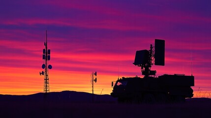 a mobile air defense truck with a radar antenna. The sky is ablaze with colors of dusk,
