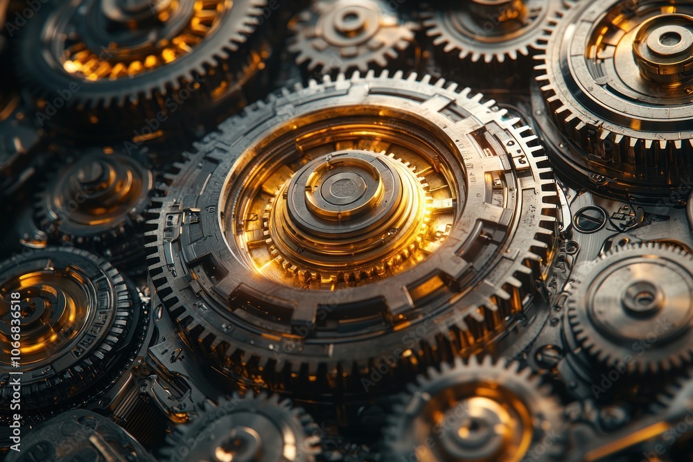 Poster close-up of glowing golden gears and cogs