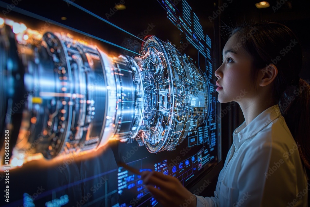 Aufkleber woman examining a 3d model of a jet engine on a digital display