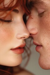 Obraz premium Romantic embrace of a couple in love face to face showing deep affection and intimate relationship. Vertical frame.