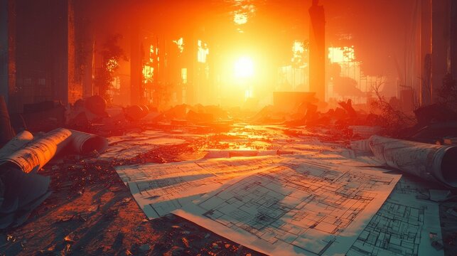 Ruined Building with Sun Setting and Scattered Blueprints