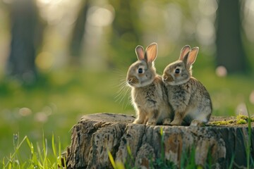 Fototapeta premium Rabbits by a Log
