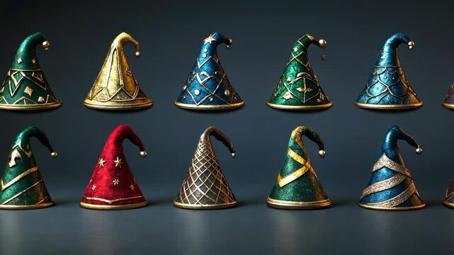 A collection of twelve intricately designed wizard hats, each with unique patterns and colors, sits on a dark gray surface