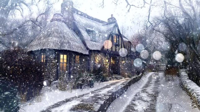 a snowy day in front of a quaint traditional British cottage with a thatched roof and garden. Seamless looping time-lapse virtual 4k video animation background