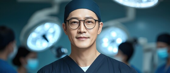 A confident surgeon stands in an operating room, wearing surgical attire and glasses, ready to assist in a medical procedure.