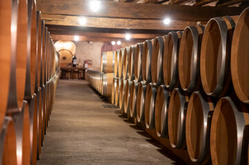 WIne celler with french oak barrels for aging of red wine made from Cabernet Sauvignon grape...