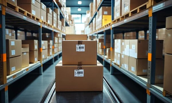 Two cardboard boxes on a conveyor belt in a warehouse.