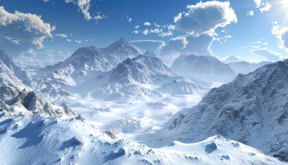 Snow-Covered Mountain Range with Bright Blue Sky and Clouds
