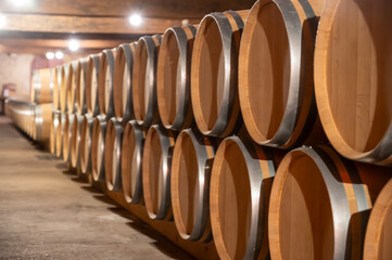 WIne celler with french oak barrels for aging of red wine made from Cabernet Sauvignon grape variety, Haut-Medoc vineyards in Bordeaux, left bank of Gironde Estuary, Pauillac, France