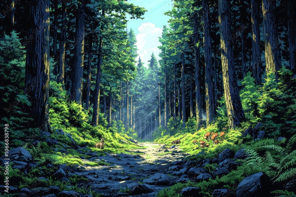 Poster Sunlit Path Through a Dense Forest with Rocks and Mushrooms