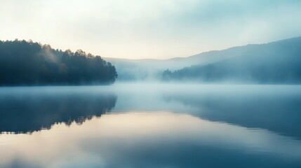 Fototapeta premium A serene morning landscape featuring a dense layer of fog rolling over a calm lake, with soft light filtering through the mist.