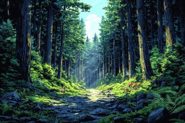 Fototapeta premium Sunlit Path Through a Dense Forest with Rocks and Mushrooms