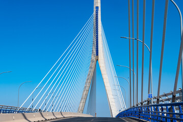 View on cable-stayed bridge with high pylons across the Bay of Cadiz, linking Cadiz with Puerto Real in mainland Spain