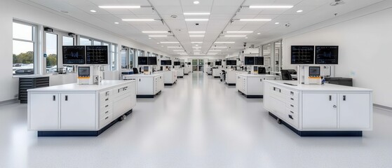 A modern, spacious laboratory featuring multiple workstations, bright lighting, and a clean, organized environment for scientific research or experimentation.