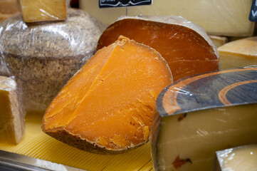 Pieces of native French aged cheese Mimolette, produced in Lille with greyish curst made by special cheese mites close up market