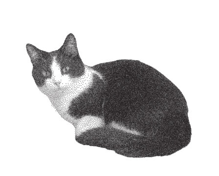 Stippling dotted laying cat for trendy y2k retro collage. Vector isolated photocopy effect pet illustration