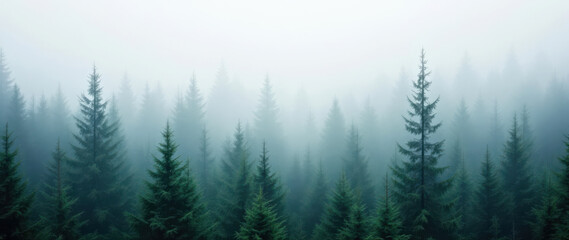 Misty Pine Forest Landscape with Foggy Atmosphere in Early Morning. banner