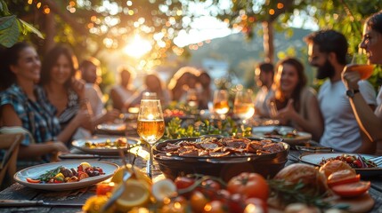 Big Family Garden Party Celebration with Friends and Children Gathered Together at the Table