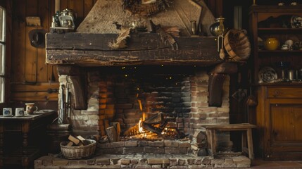 Crackling fire is burning in a brick fireplace, providing warmth and a cozy atmosphere to a rustic log cabin interior